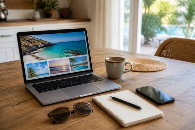 Vakantie vergelijken aan tafel met laptop, notitieboekje en reisaccessoires