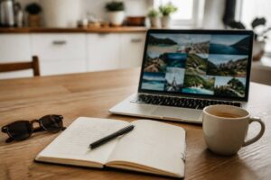 Notitieboek en laptop op tafel tijdens het plannen van een vakantie