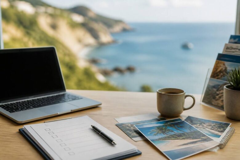 Checklist op een bureau met laptop voor het voorbereiden van vakantiekeuzes