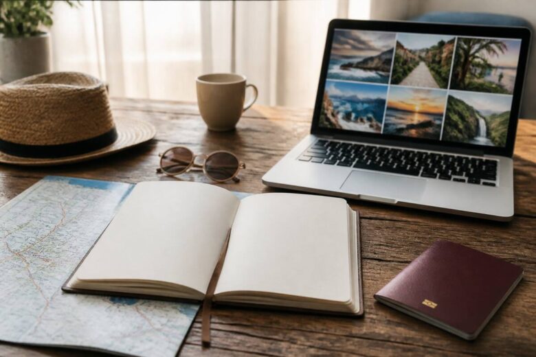 Reisplanning met notitieboek, kaart en laptop op tafel