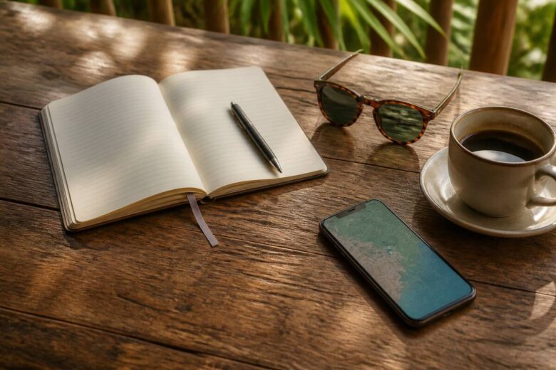 Notitieboek en reisbenodigdheden op tafel voor het plannen van een vakantie
