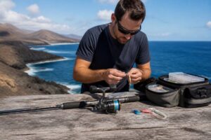Een visser bereidt de tackle voor op een rotsige kust van Lanzarote, met zee op de achtergrond