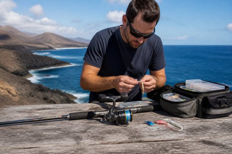 Een visser bereidt de tackle voor op een rotsige kust van Lanzarote, met zee op de achtergrond
